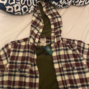 LL Bean Mens Fleece Lined Flannel Shirt, Hooded Snap Front